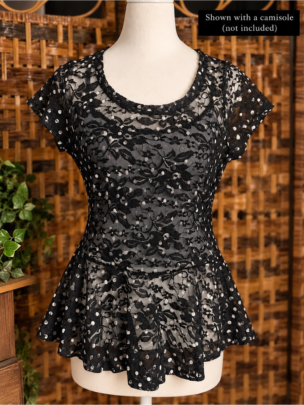 Spoiled Black Lace Peplum Tunic with Polka Dot Accent